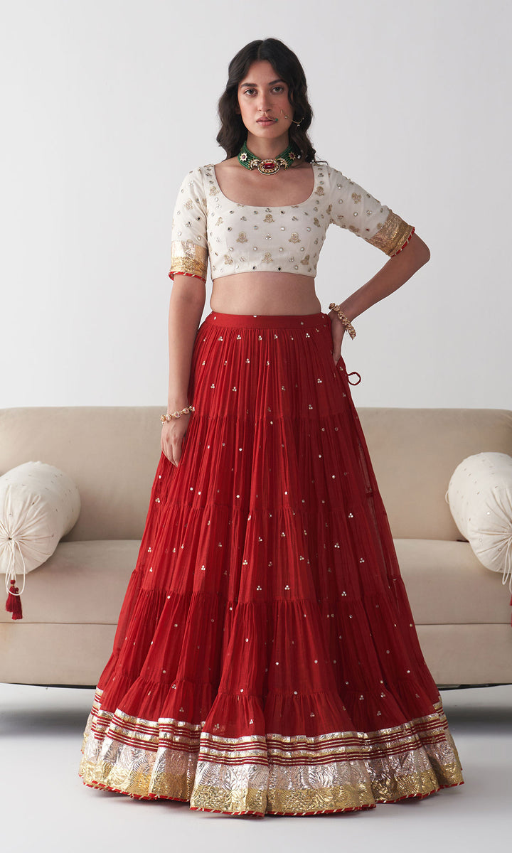 Ishq Red Tiered Lehenga with Embroidered Blouse and Dupatta (set of 3)
