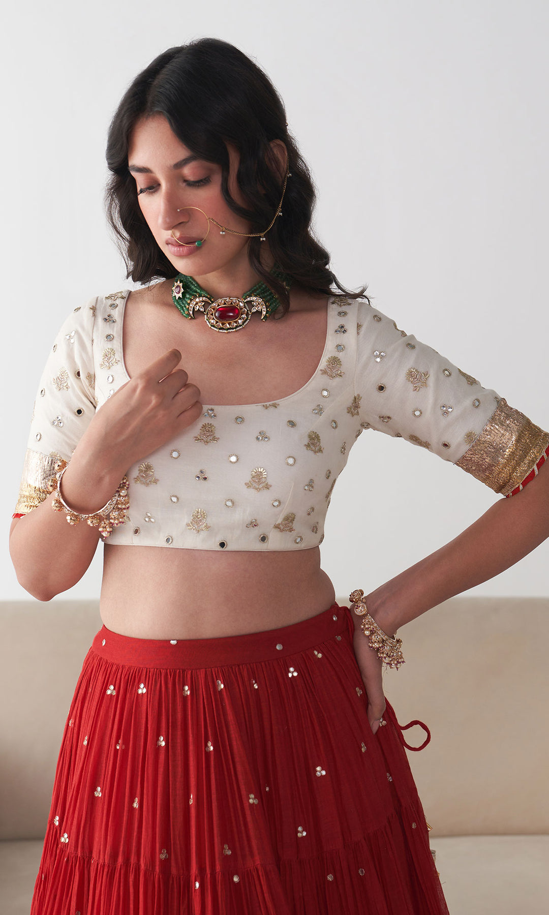 Ishq Red Tiered Lehenga with Embroidered Blouse and Dupatta (set of 3)