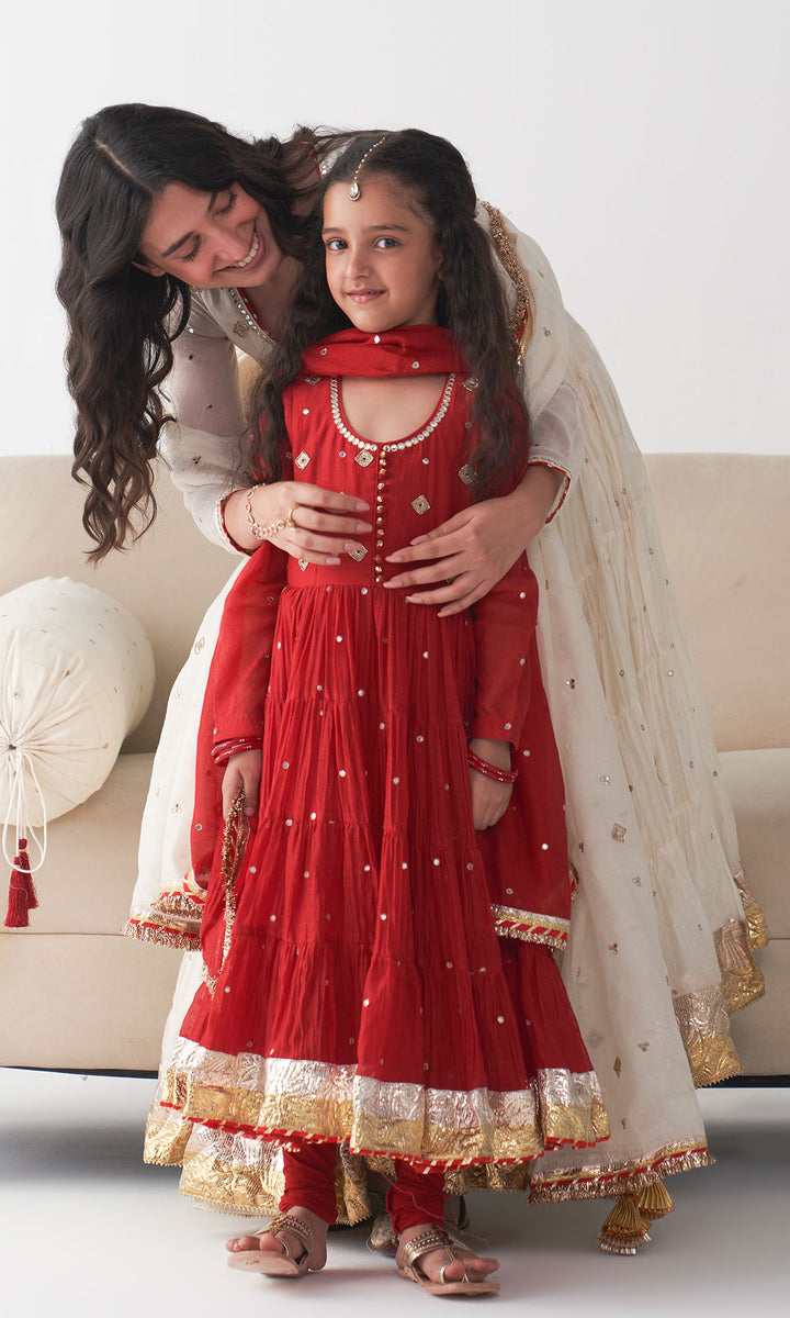 Ishq Red Tiered Anarkali with Chooridar and Dupatta (set of 3)