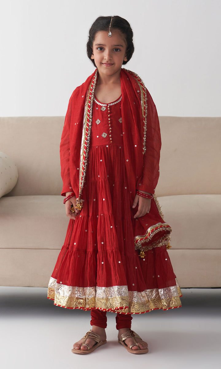 Ishq Red Tiered Anarkali with Chooridar and Dupatta (set of 3)