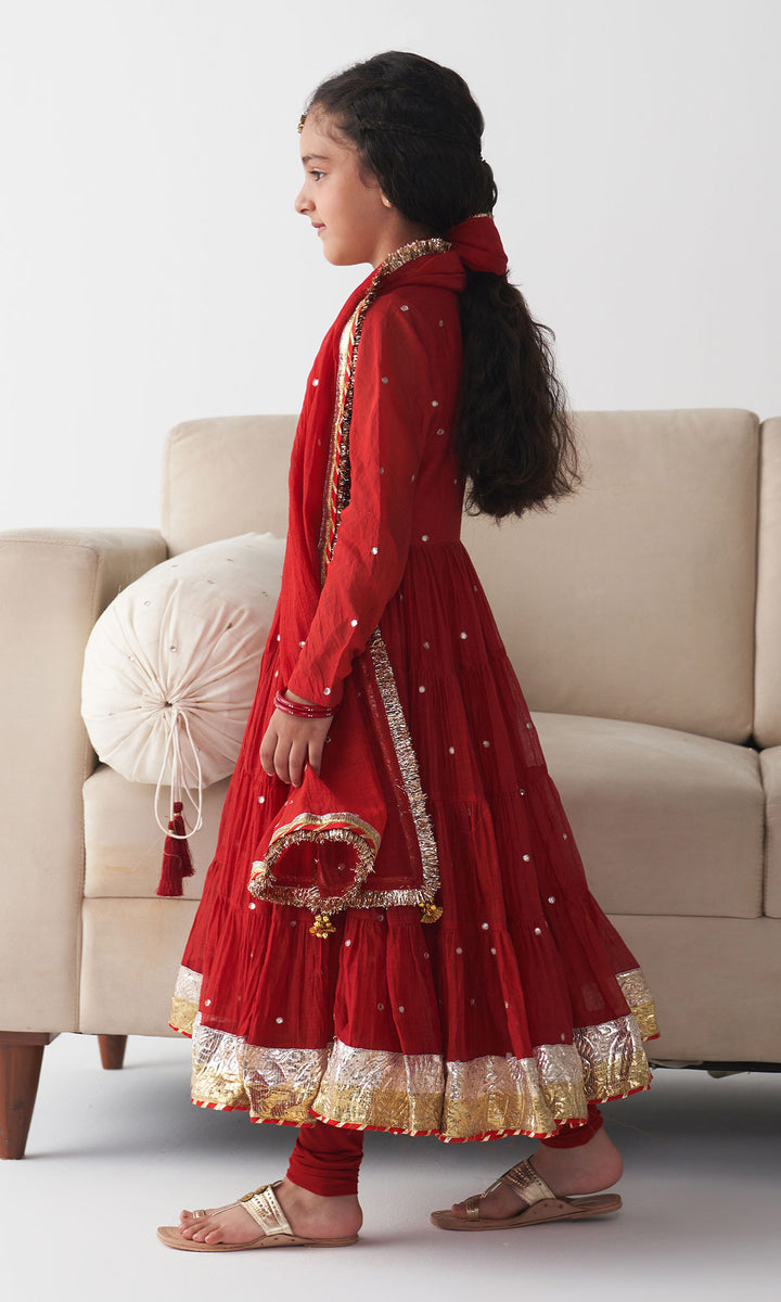 Ishq Red Tiered Anarkali with Chooridar and Dupatta (set of 3)