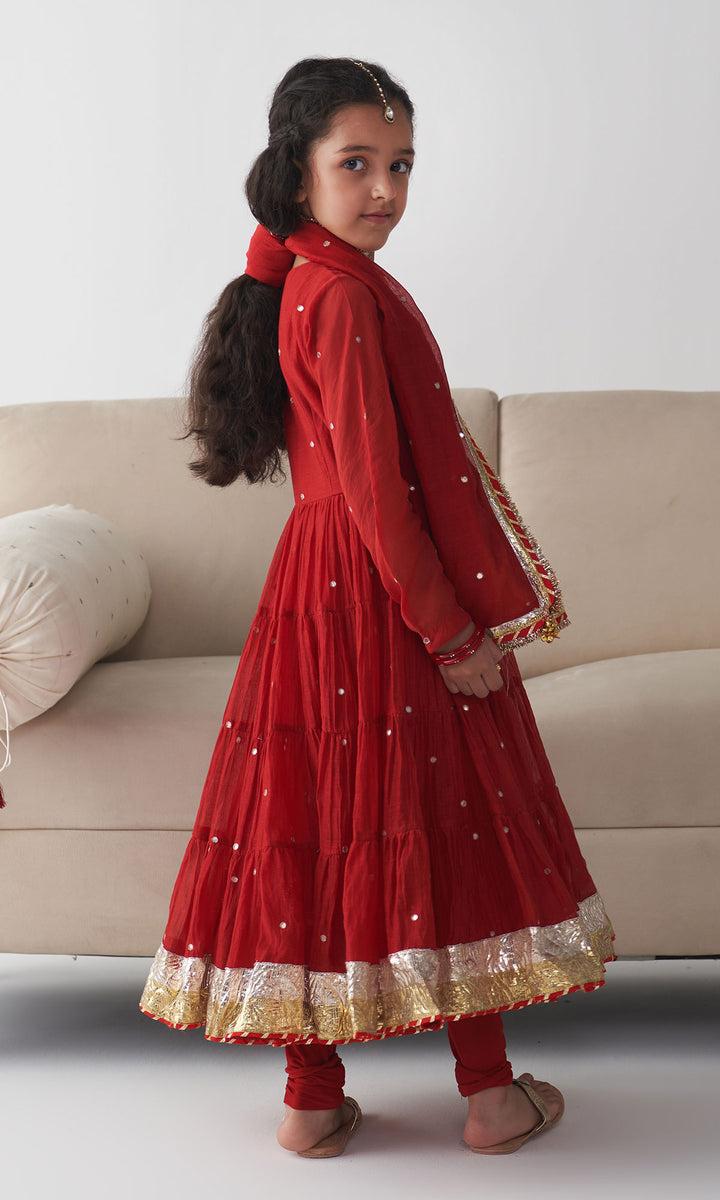 Ishq Red Tiered Anarkali with Chooridar and Dupatta (set of 3)