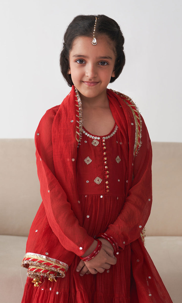 Ishq Red Tiered Anarkali with Chooridar and Dupatta (set of 3)