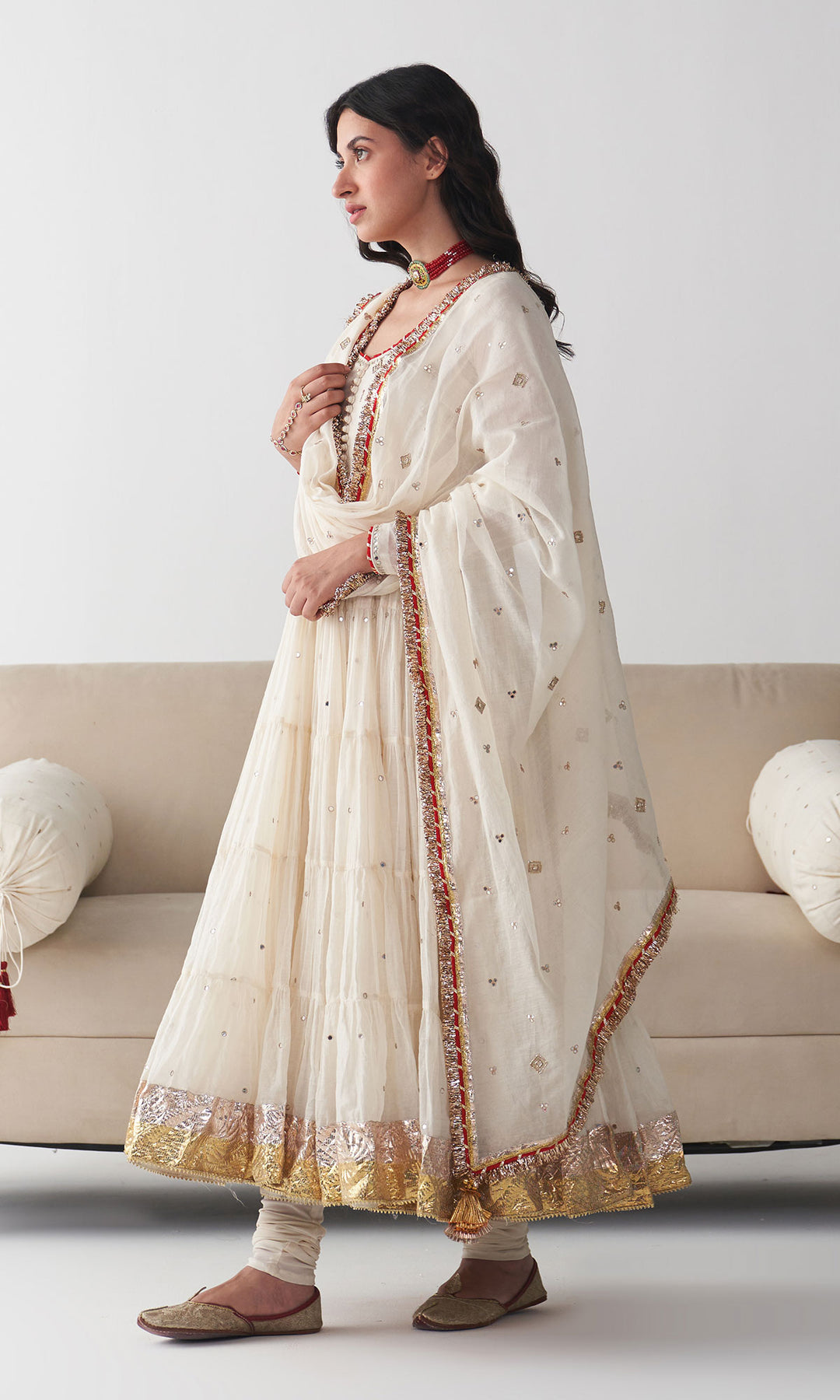 Ishq Off White Tiered Anarkali with Chooridar and Dupatta ( Set of 3)