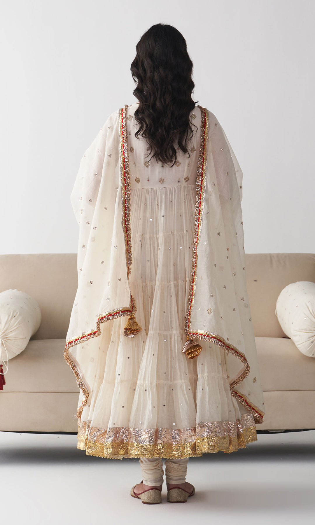 Ishq Off White Tiered Anarkali with Chooridar and Dupatta ( Set of 3)