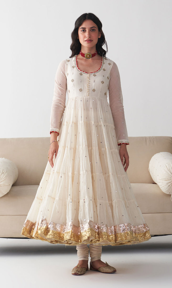 Ishq Off White Tiered Anarkali with Chooridar and Dupatta ( Set of 3)