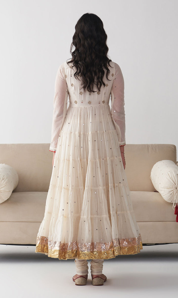 Ishq Off white Tiered anarkali with chooridar and red dupatta ( set of 3)