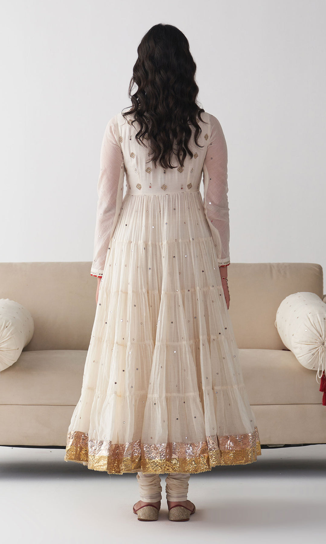 Ishq Off White Tiered Anarkali with Chooridar and Dupatta ( Set of 3)