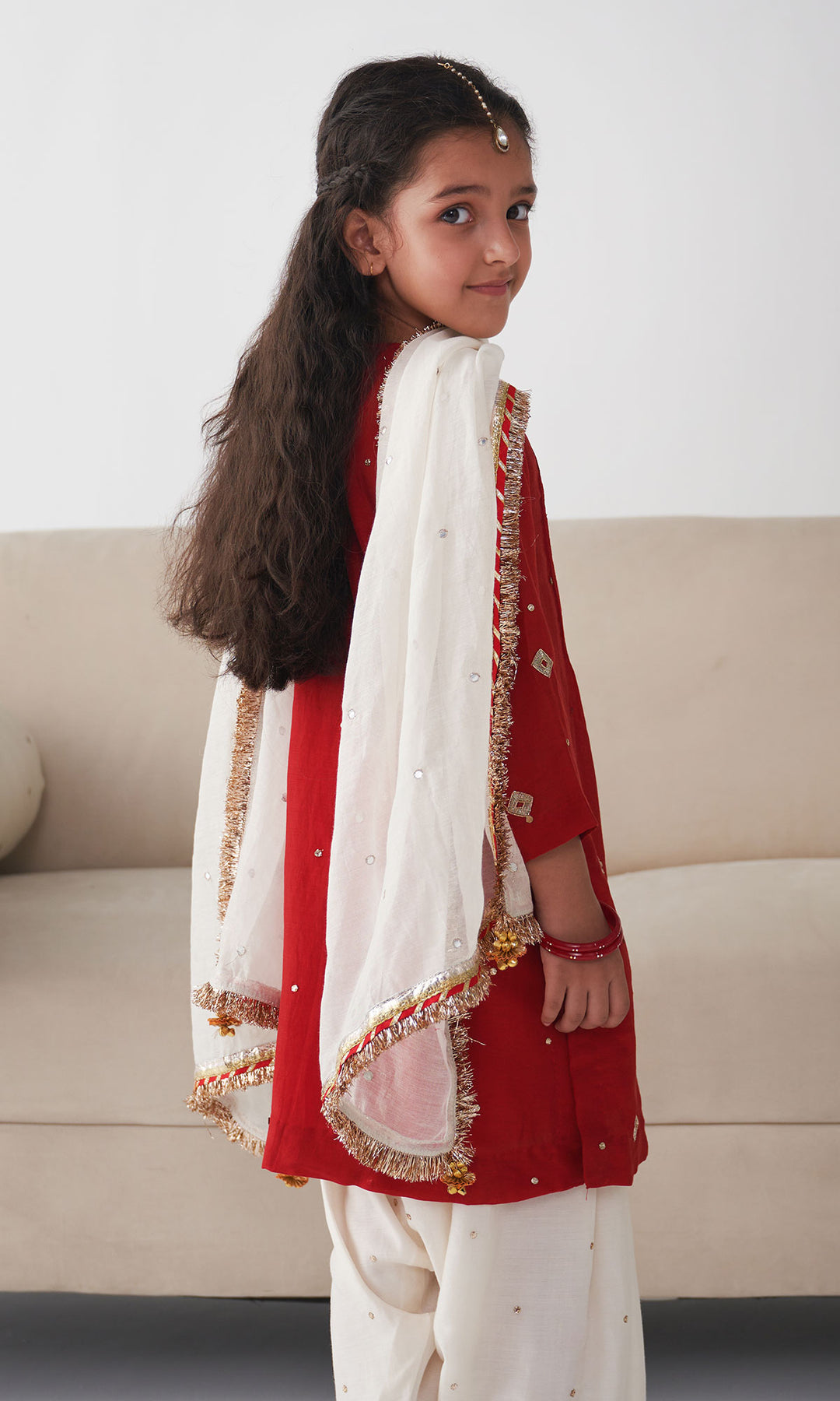 Ishq Red pintuck kurta with off white salwar and dupatta (set of 3)