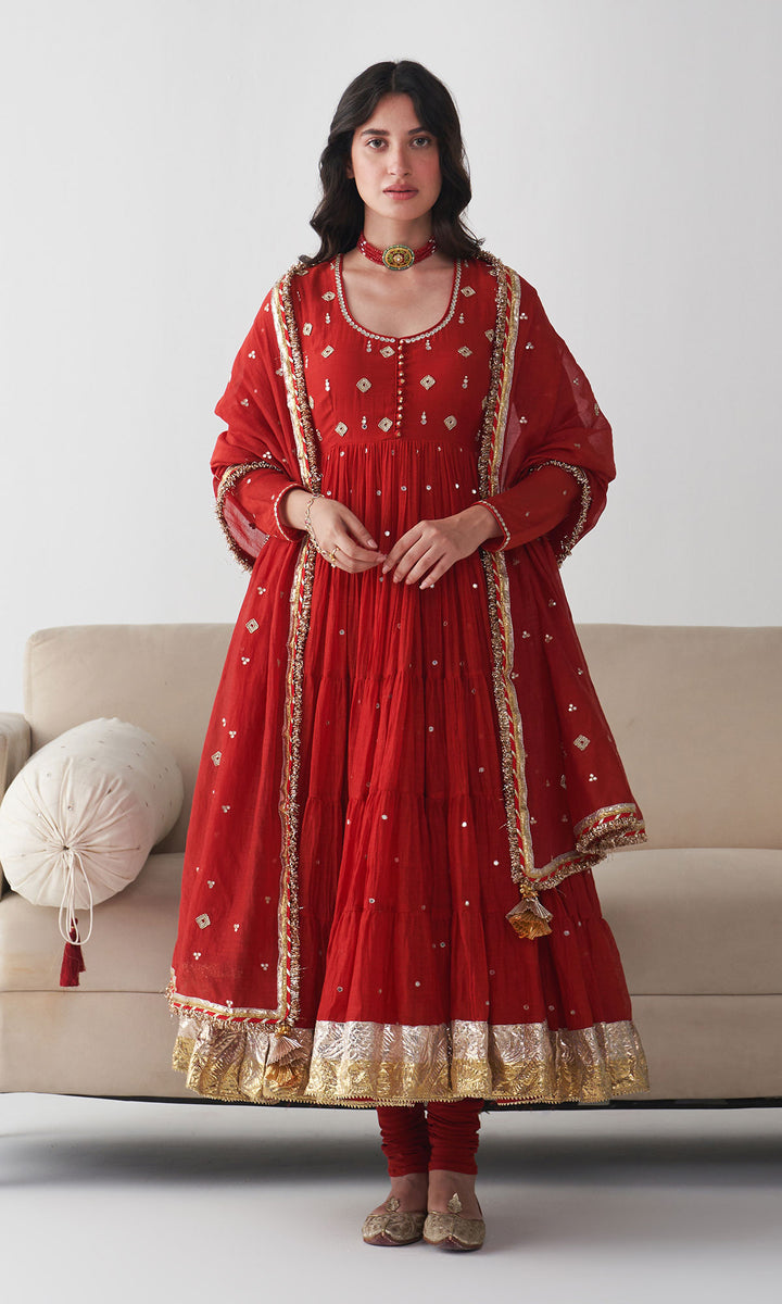 Ishq Red Tiered Anarkali with Chooridar and Dupatta ( Set of 3)