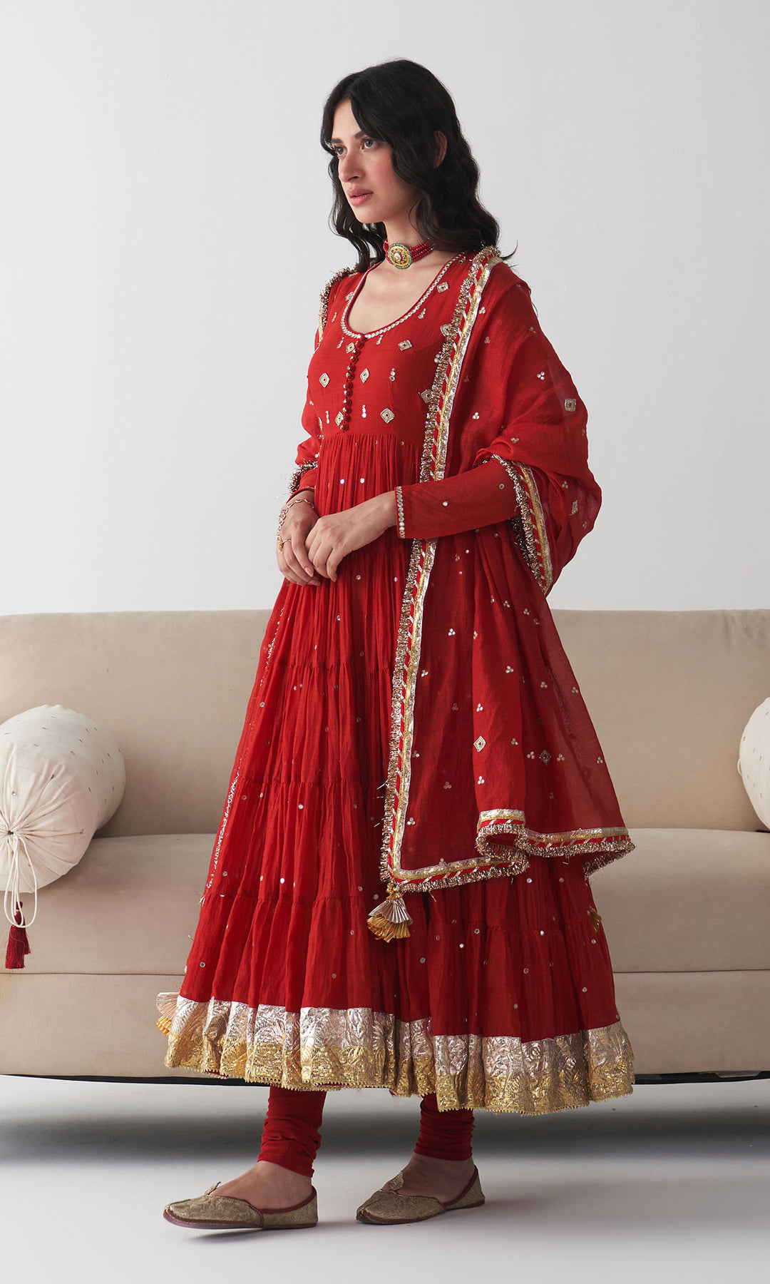Ishq Red Tiered Anarkali with Chooridar and Dupatta ( Set of 3)
