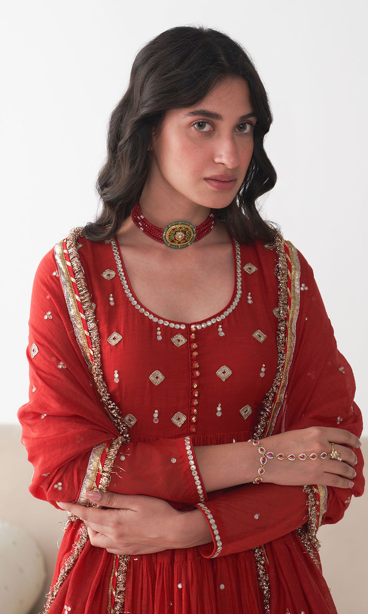 Ishq Red Tiered Anarkali with Chooridar and Dupatta ( Set of 3)