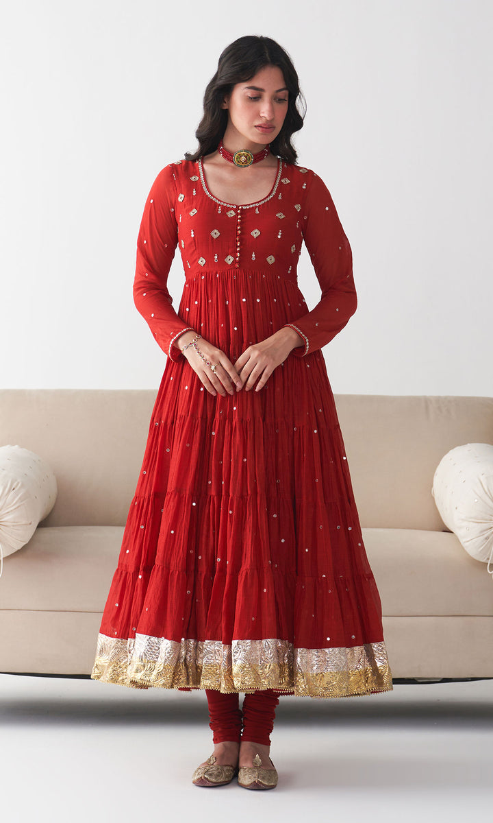 Ishq Red Tiered Anarkali with Chooridar and Dupatta ( Set of 3)