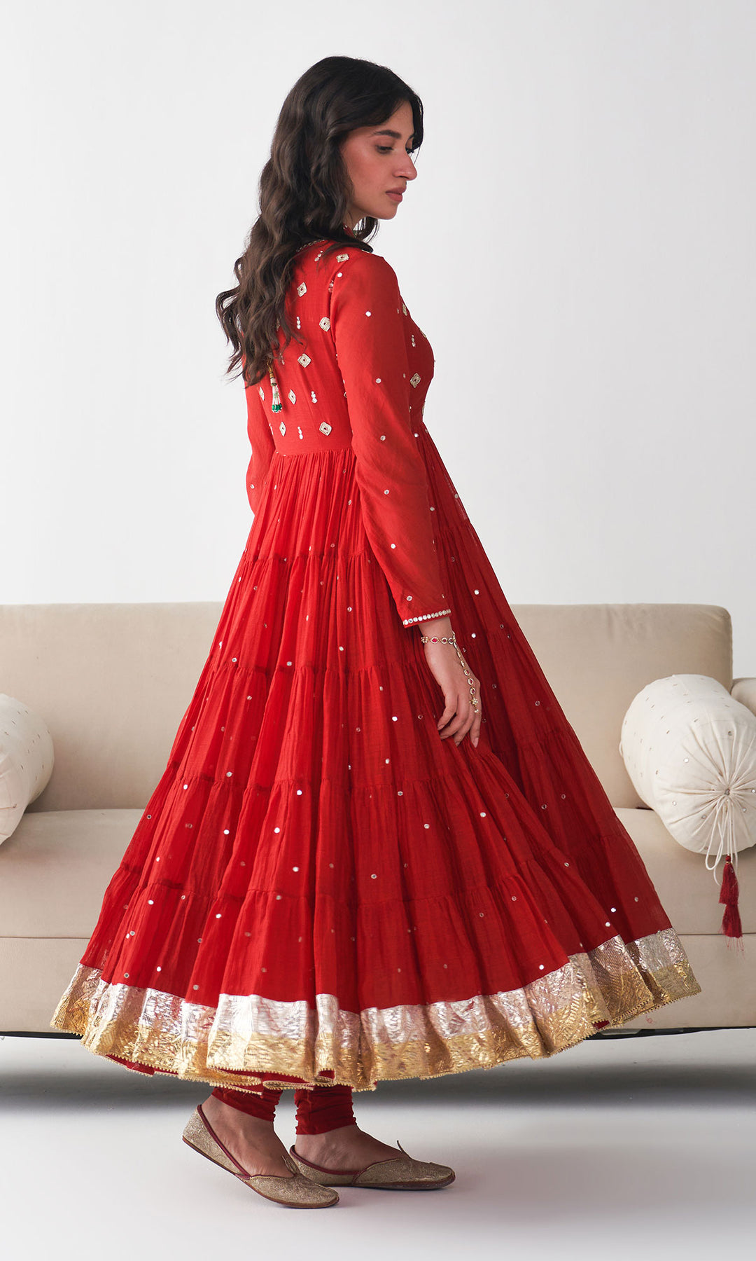 Ishq Red Tiered Anarkali with Chooridar and Dupatta ( Set of 3)