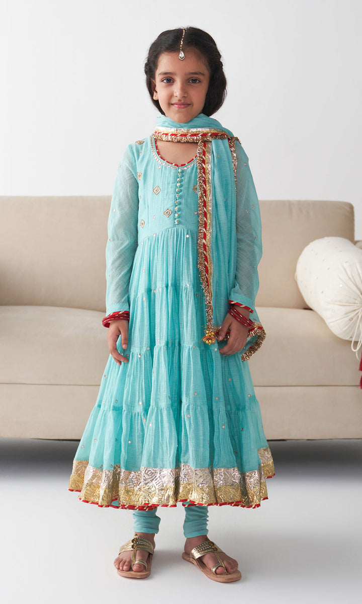 Ishq Turqoiuse Tiered Anarkali with Chooridar and Dupatta (set of 3)