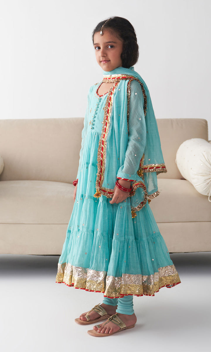 Ishq Turqoiuse Tiered Anarkali with Chooridar and Dupatta (set of 3)