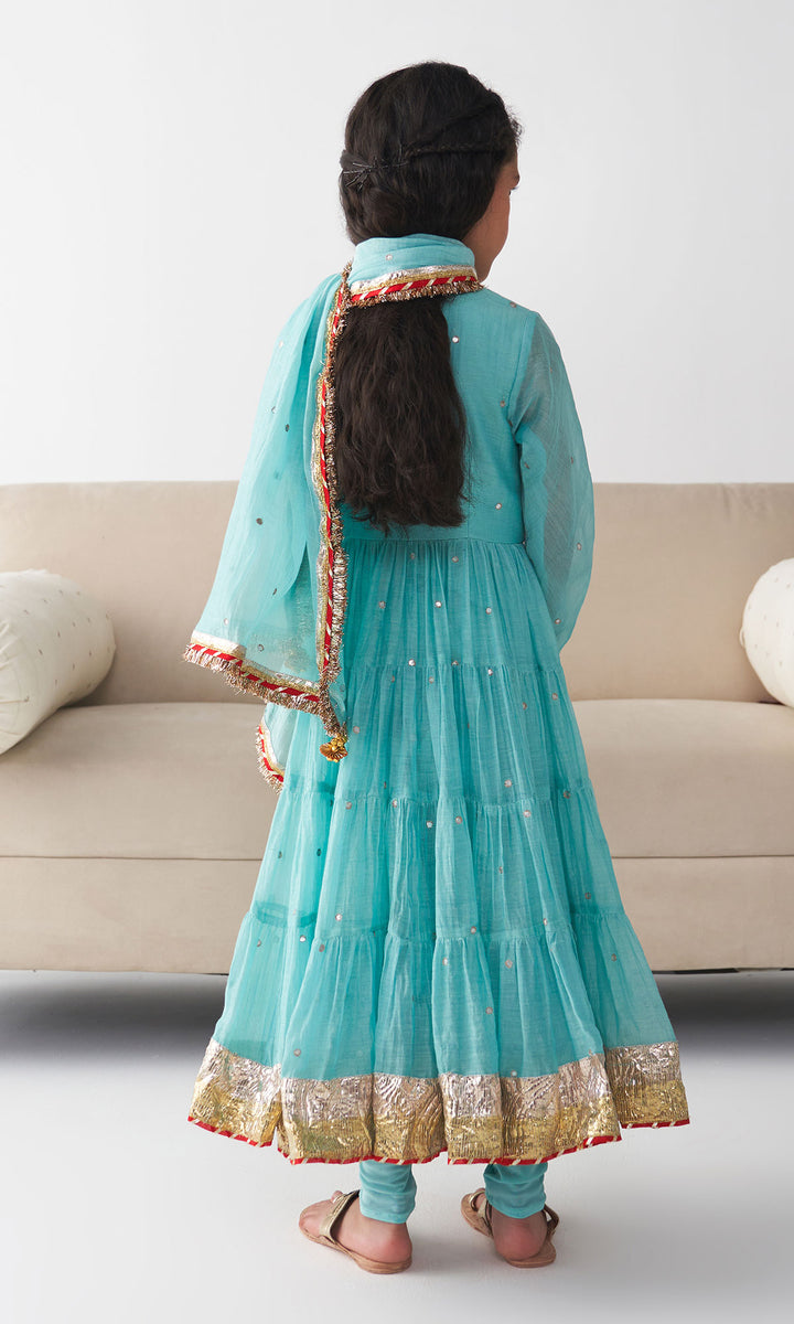 Ishq Turqoiuse Tiered Anarkali with Chooridar and Dupatta (set of 3)