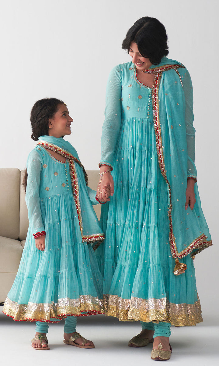 Ishq Turquoise Tiered Anarkali with Chooridar and Dupatta ( Set of 3)