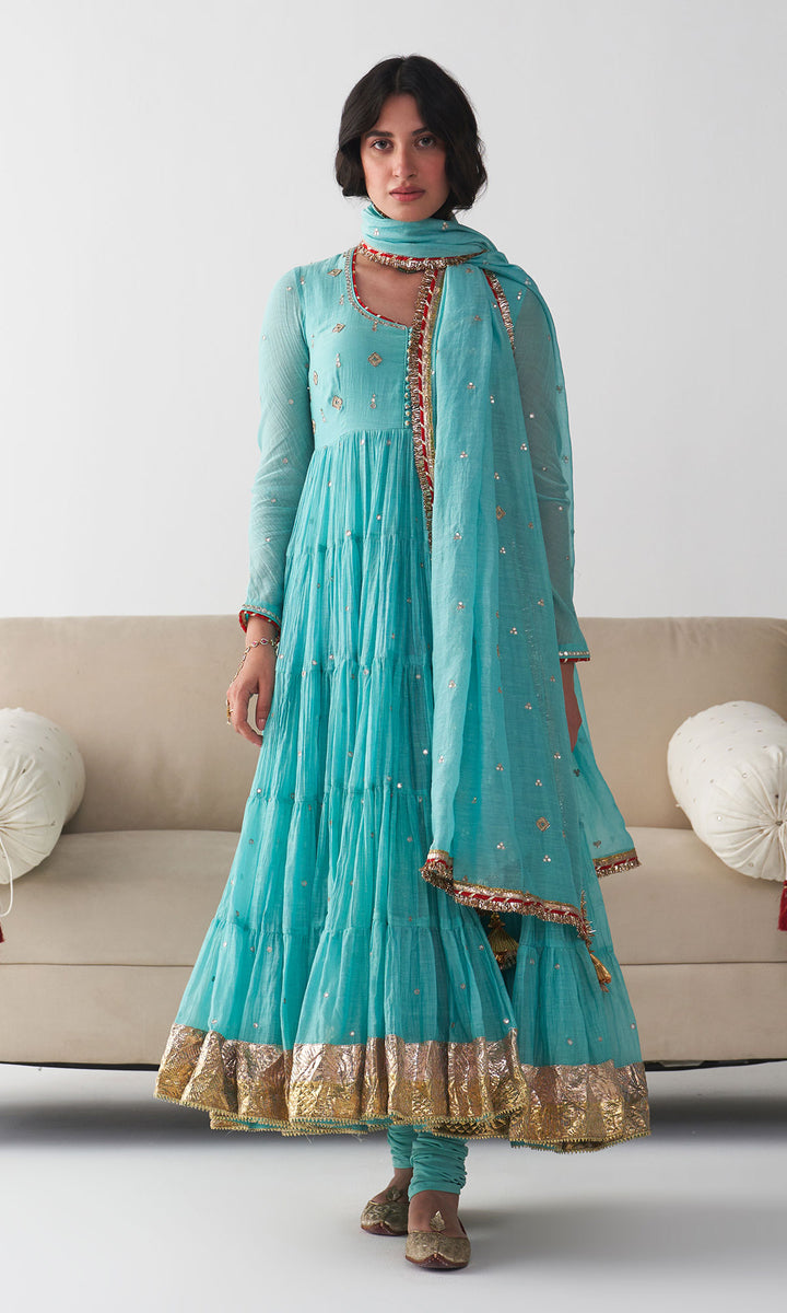 Ishq Turquoise Tiered Anarkali with Chooridar and Dupatta ( Set of 3)