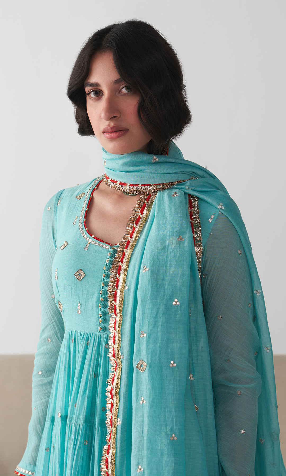 Ishq Turquoise Tiered Anarkali with Chooridar and Dupatta ( Set of 3)