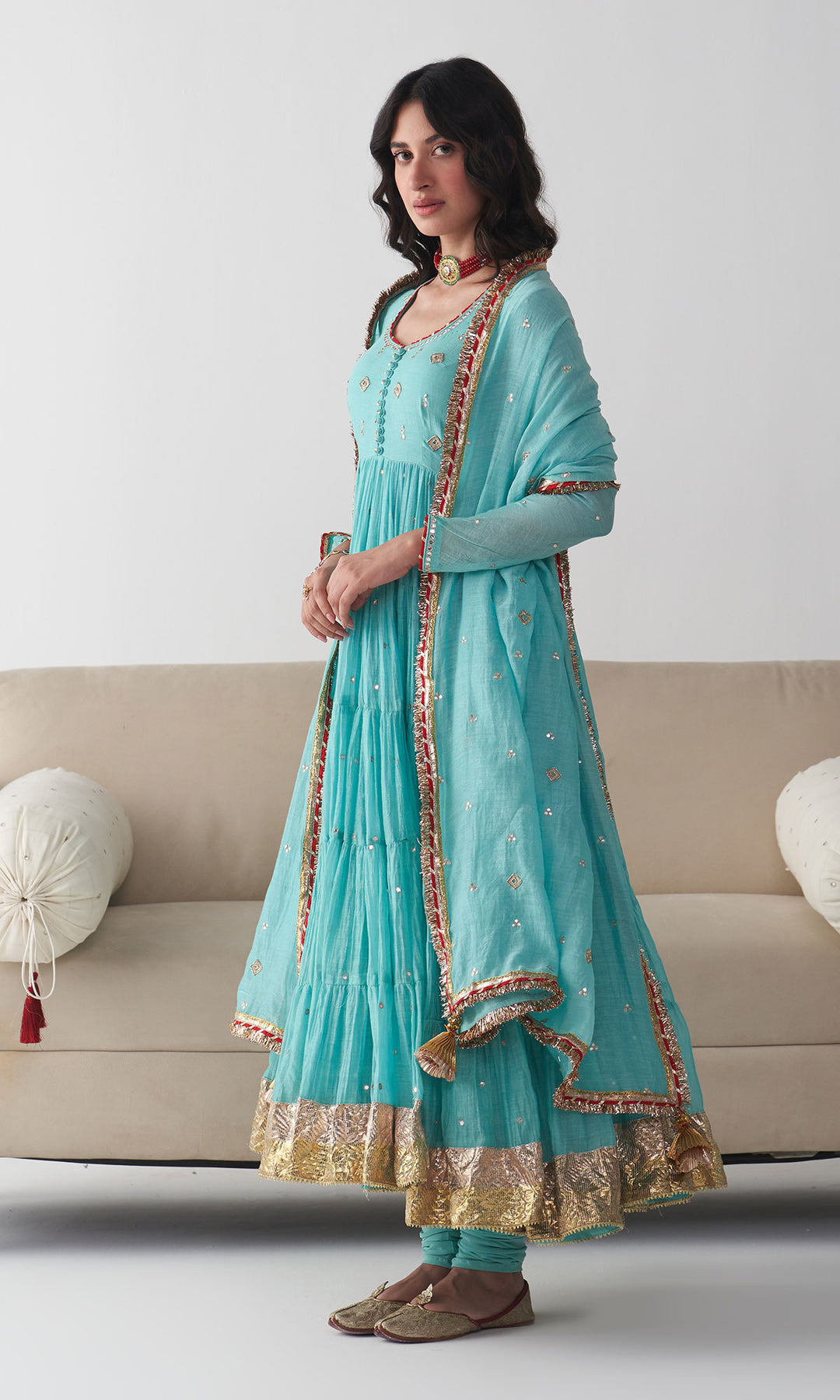 Ishq Turquoise Tiered Anarkali with Chooridar and Dupatta ( Set of 3)