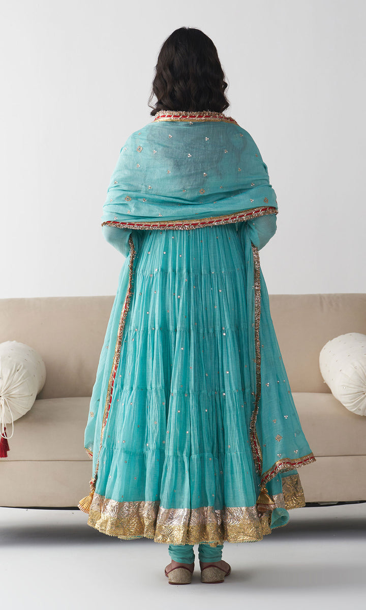 Ishq Turquoise Tiered Anarkali with Chooridar and Dupatta ( Set of 3)