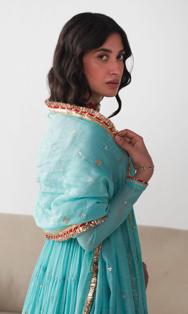 Ishq Turquoise Tiered Anarkali with Chooridar and Dupatta ( Set of 3)