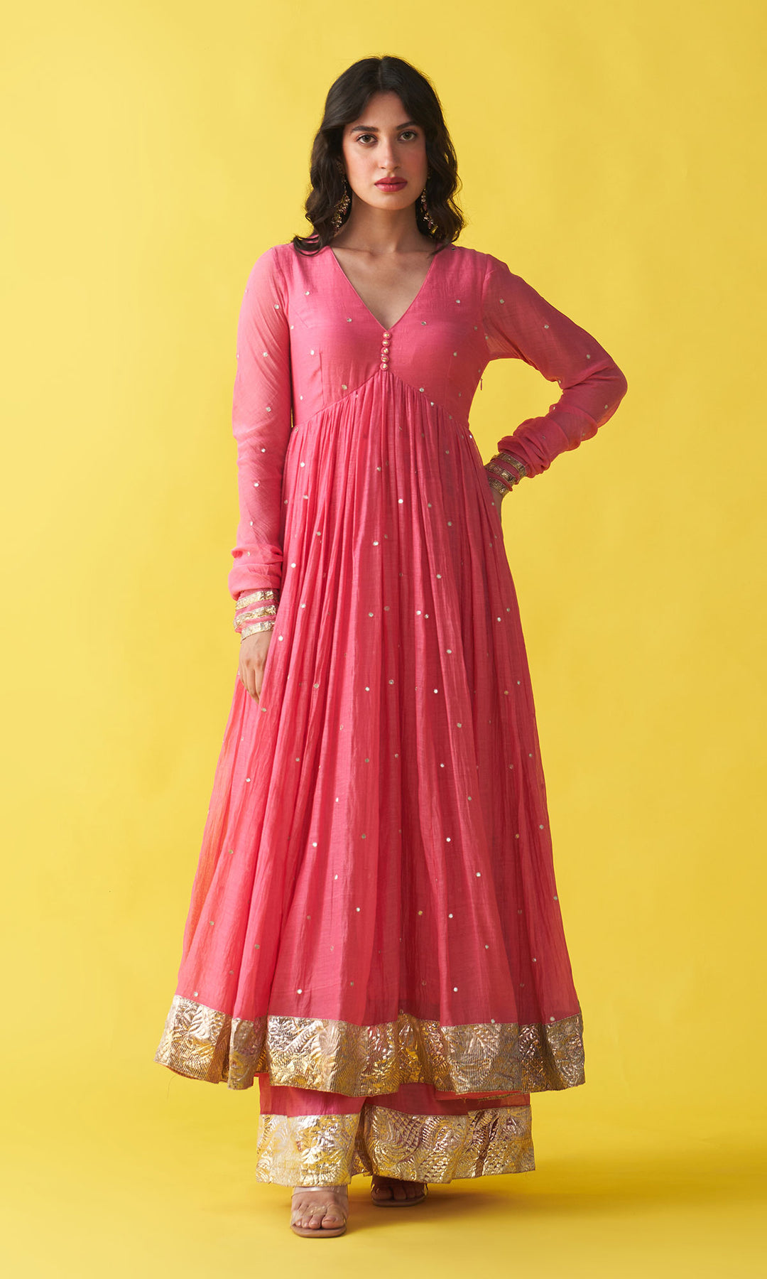 Gulzaar pink v-neck anarkali with flared palazzo and bandhej dupatta (set of 3)