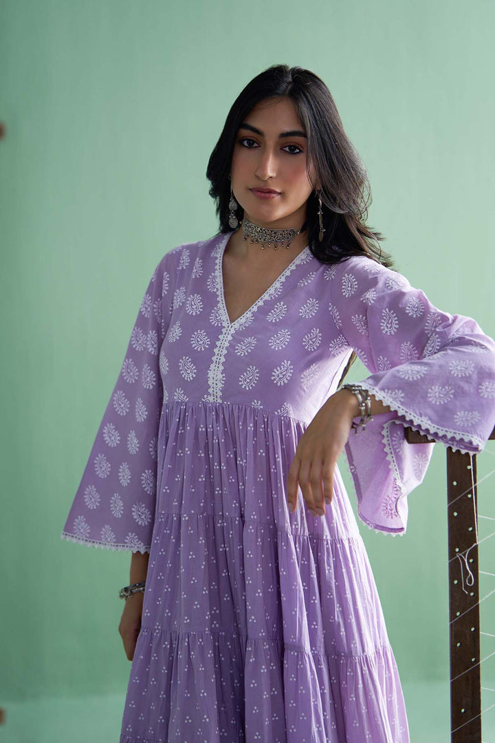 Chhaya Vol 2 Lilac Long yoke gather anarkali with palazzo and dupatta (set of 3)