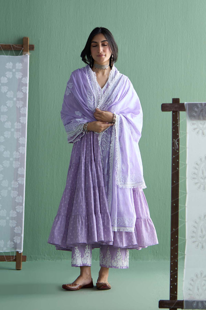 Chhaya Vol 2 Lilac Long yoke gather anarkali with palazzo and dupatta (set of 3)