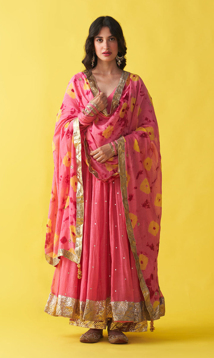 Gulzaar pink v-neck anarkali with flared palazzo and bandhej dupatta (set of 3)