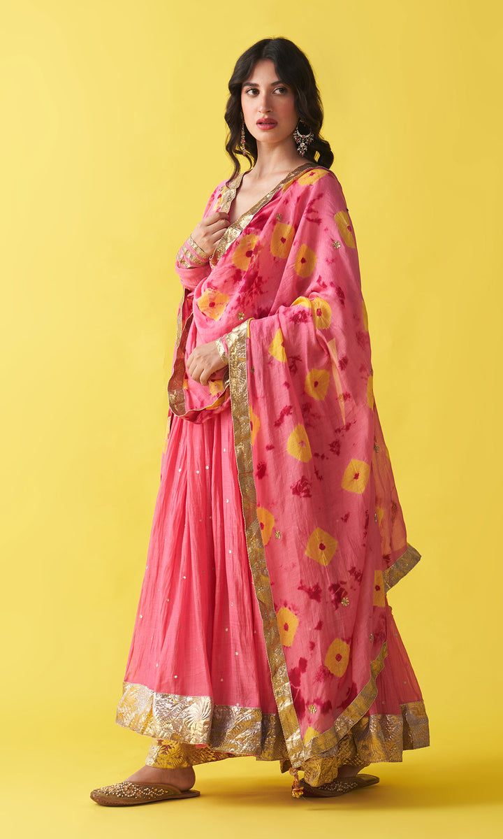 Gulzaar pink v-neck anarkali with flared palazzo and bandhej dupatta (set of 3)