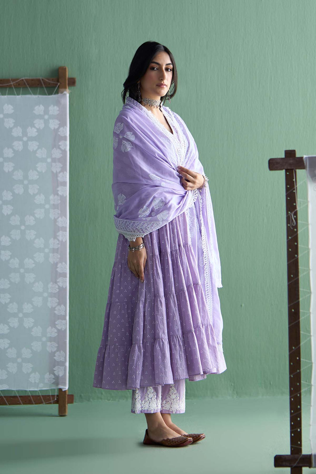 Chhaya Vol 2 Lilac Tiered anarkali with chooridar and dupatta (set of 3)