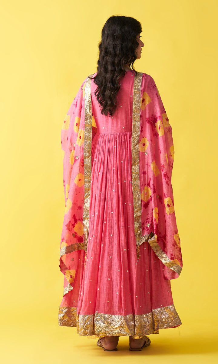 Gulzaar pink v-neck anarkali with flared palazzo and bandhej dupatta (set of 3)