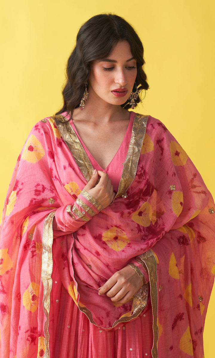 Gulzaar pink v-neck anarkali with flared palazzo and bandhej dupatta (set of 3)