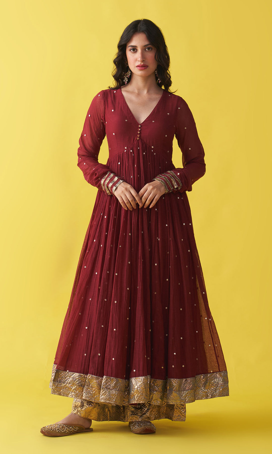 Gulzaar berry red v-neck anarkali with flared palazzo and bandhej dupatta (set of 3)