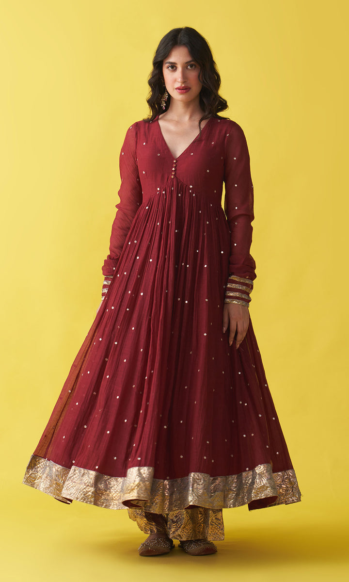 Gulzaar berry red v-neck anarkali with flared palazzo and bandhej dupatta (set of 3)
