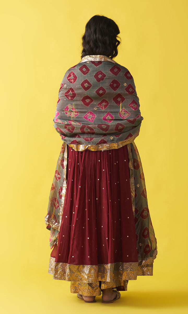 Gulzaar berry red v-neck anarkali with flared palazzo and bandhej dupatta (set of 3)