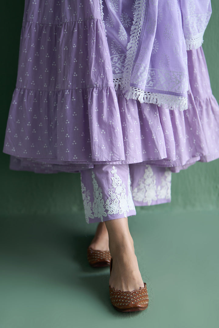 Chhaya Vol 2 Lilac Tiered anarkali with chooridar and dupatta (set of 3)
