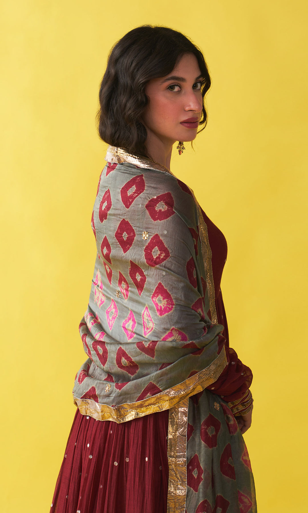 Gulzaar berry red v-neck anarkali with flared palazzo and bandhej dupatta (set of 3)