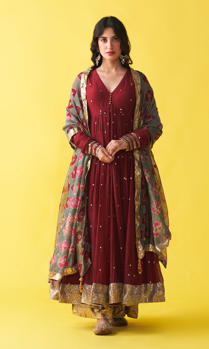 Gulzaar berry red v-neck anarkali with flared palazzo and bandhej dupatta (set of 3)