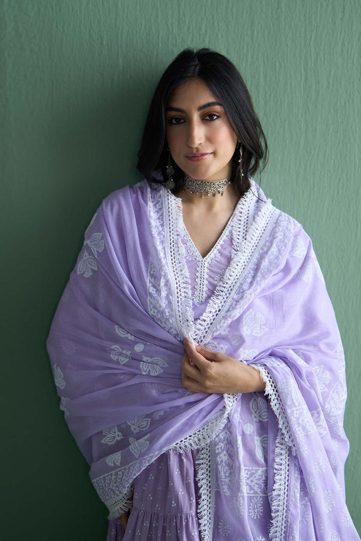 Chhaya Vol 2 Lilac Long yoke gather anarkali with palazzo and dupatta (set of 3)