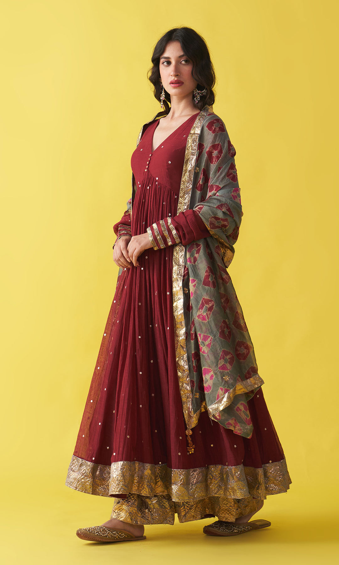 Gulzaar berry red v-neck anarkali with flared palazzo and bandhej dupatta (set of 3)