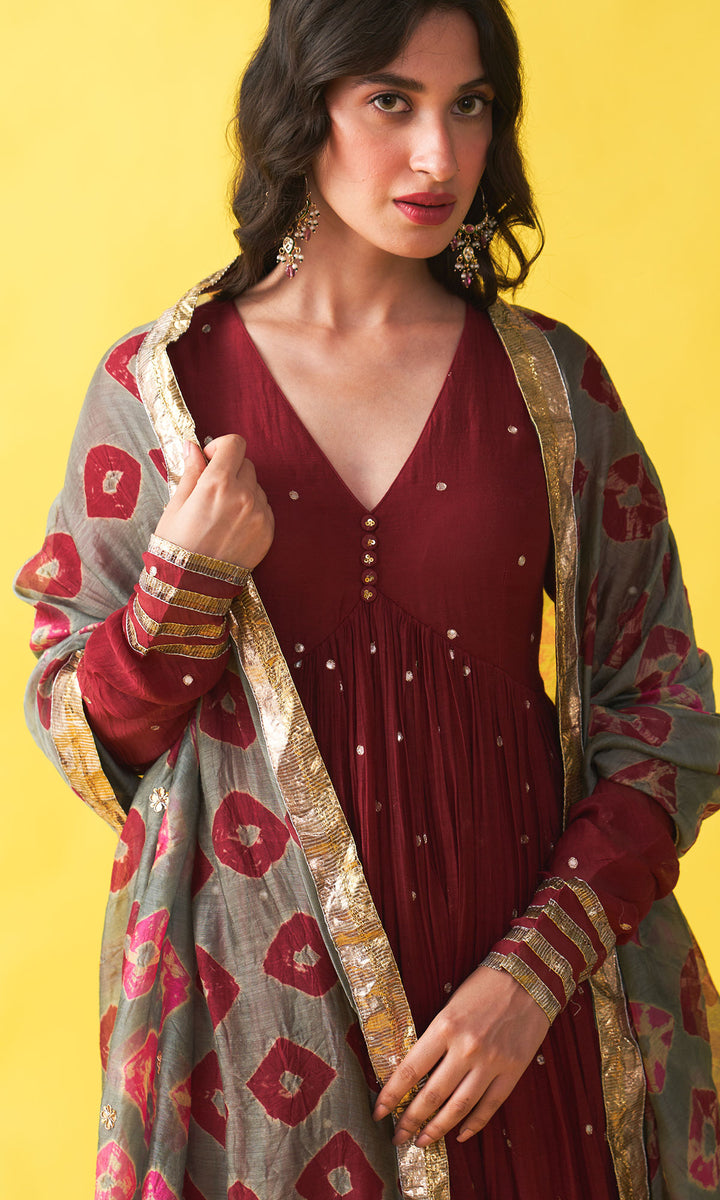 Gulzaar berry red v-neck anarkali with flared palazzo and bandhej dupatta (set of 3)