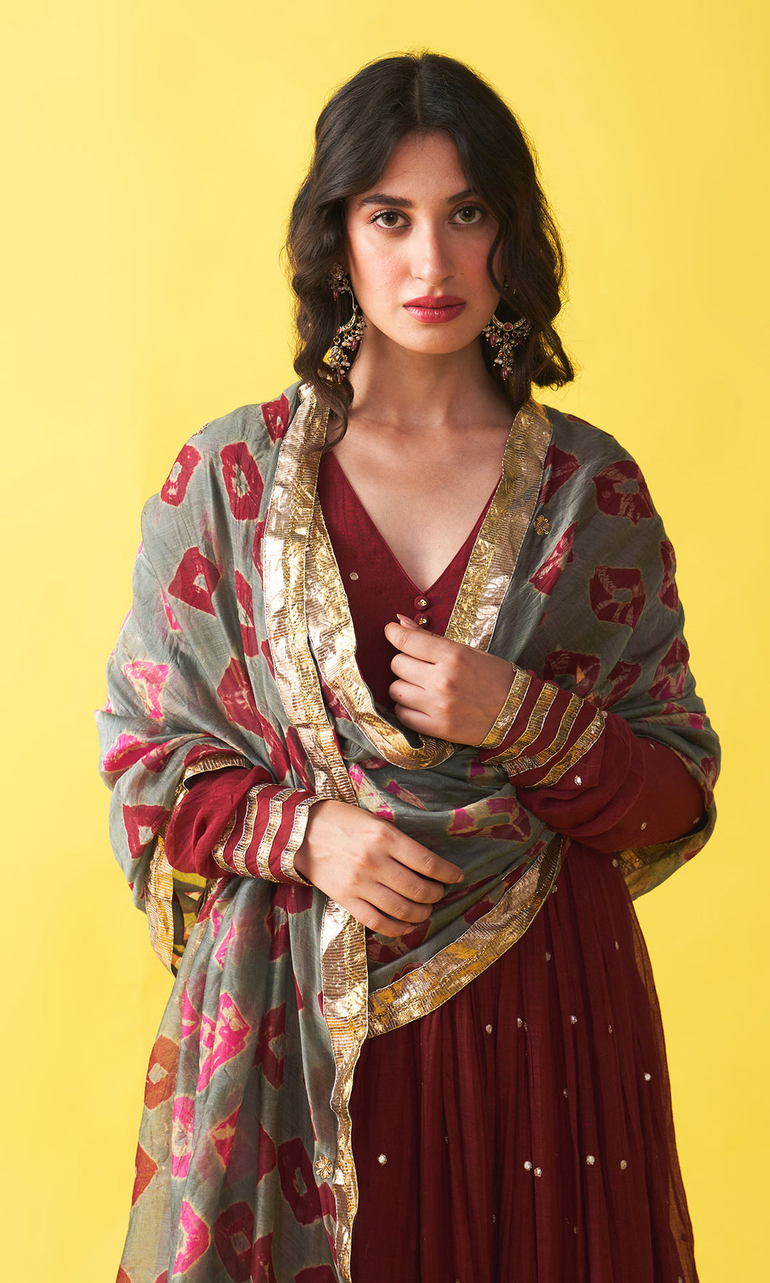 Gulzaar berry red v-neck anarkali with flared palazzo and bandhej dupatta (set of 3)