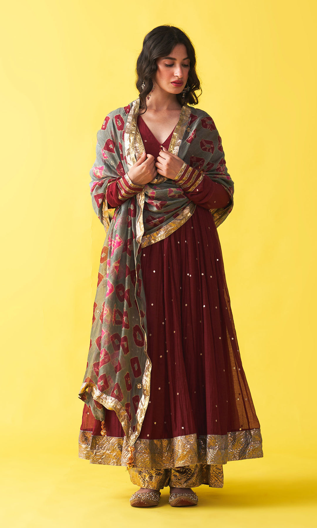 Gulzaar berry red v-neck anarkali with flared palazzo and bandhej dupatta (set of 3)