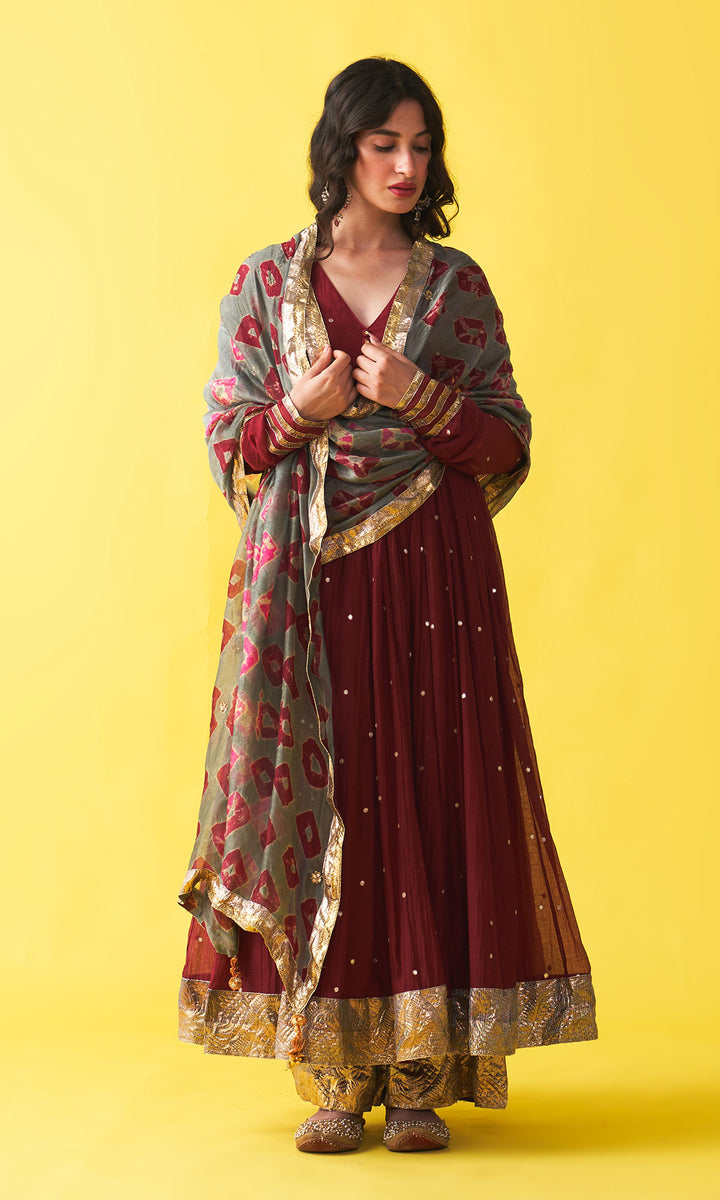 Gulzaar berry red v-neck anarkali with flared palazzo and bandhej dupatta (set of 3)