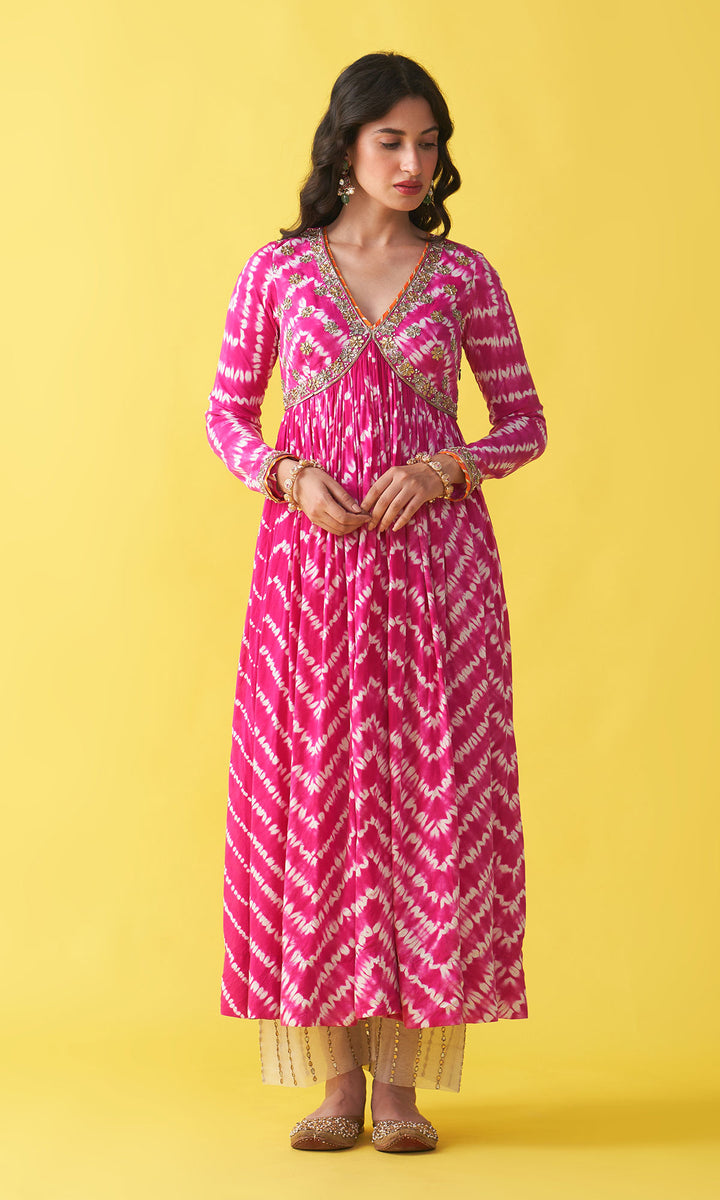 Gulzaar rani pink embroidered shibori v-neck  anarkali with palazzo and dupatta (set of 3)