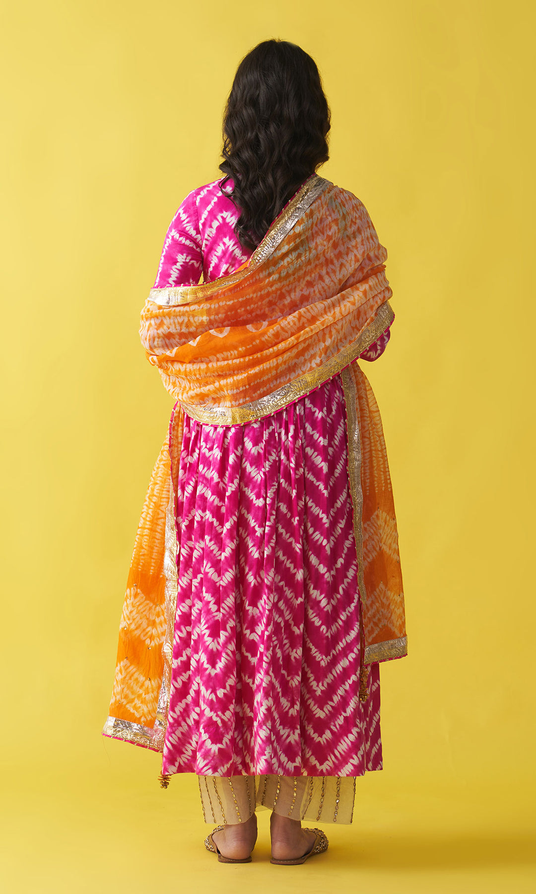 Gulzaar rani pink embroidered shibori v-neck  anarkali with palazzo and dupatta (set of 3)