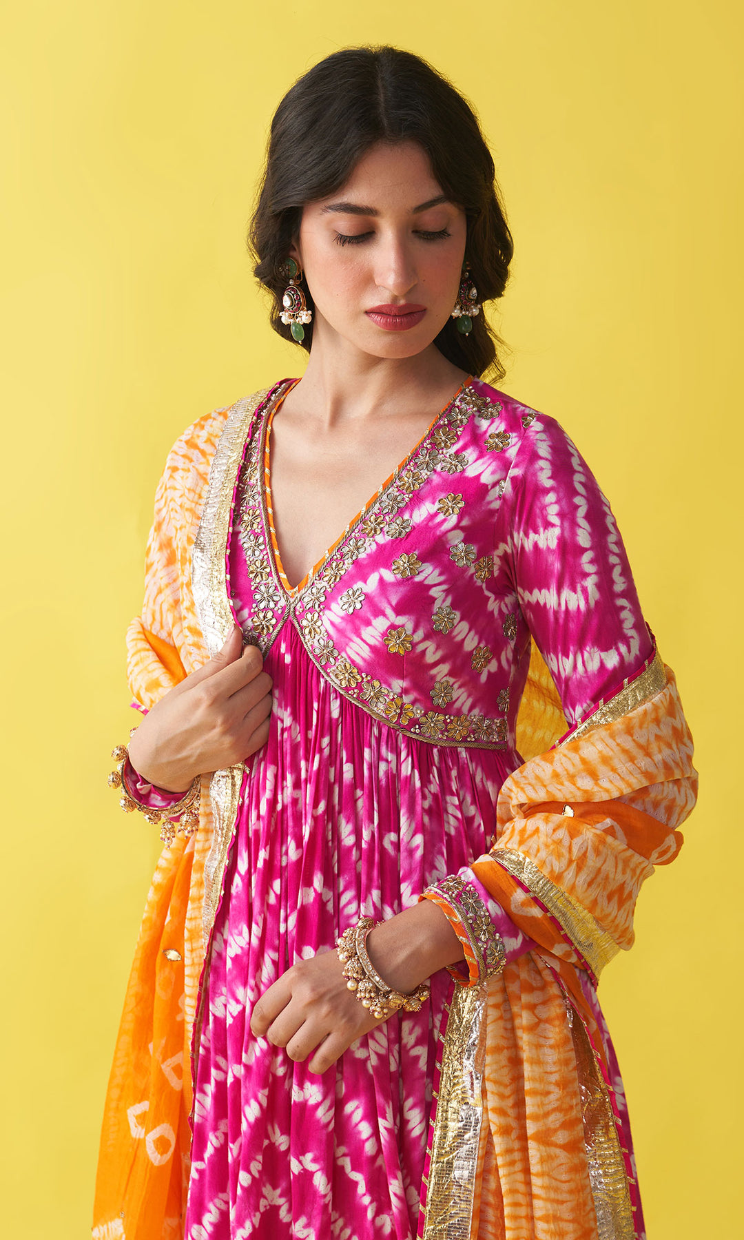 Gulzaar rani pink embroidered shibori v-neck  anarkali with palazzo and dupatta (set of 3)